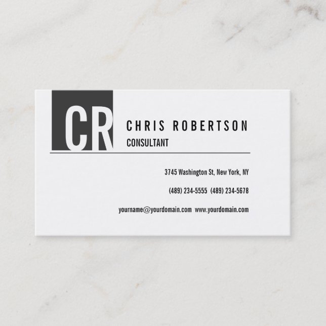 Grey Black White Monogram Business Card (Front)