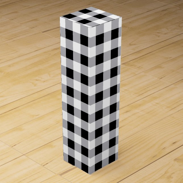 Grey Black White Plaid Check Pattern  Wine Box (Front)