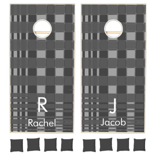Grey Black White Plaid Pattern Family Monograms Cornhole Set