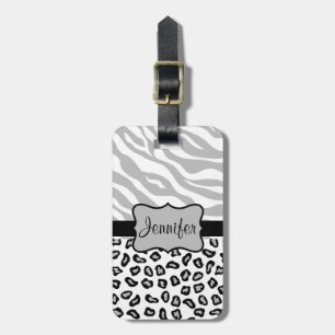 Grey, Black & White Zebra & Cheetah Personalized Luggage Tag
