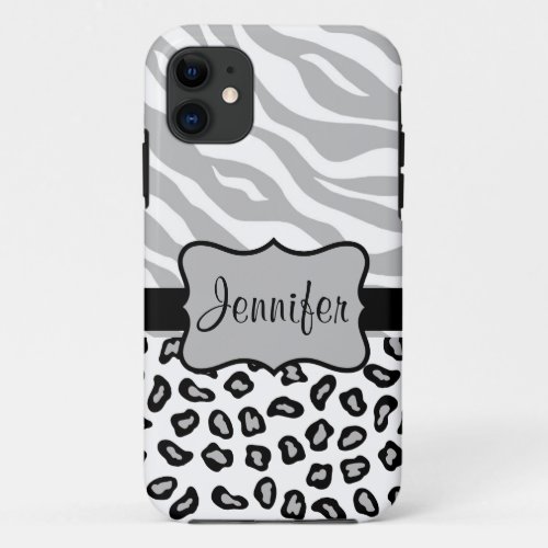 Grey Black White Zebra Leopard Name Personalized iPhone 11 Case