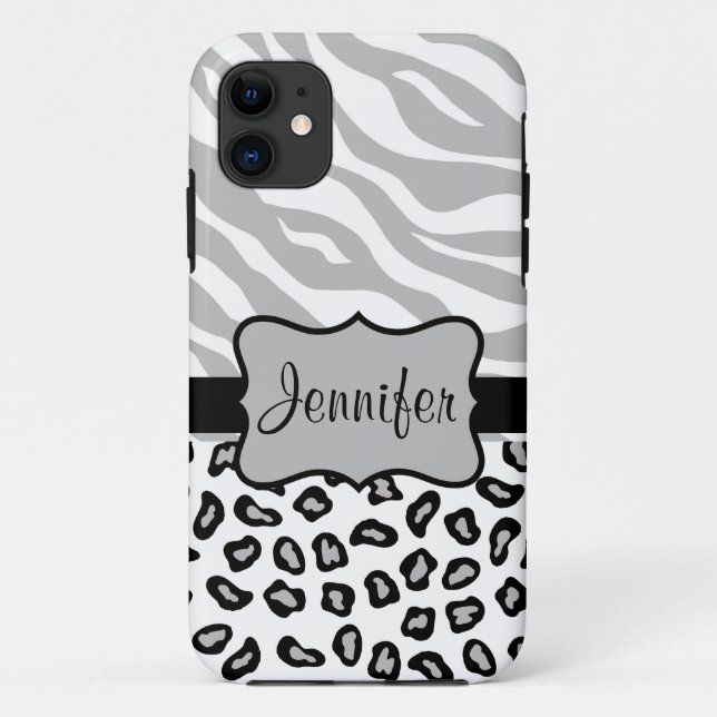 Grey, Black White Zebra Leopard Name Personalized Case-Mate iPhone Case (Back)