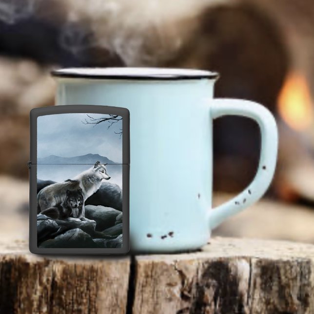 Grey Black Wolves Mountains Zippo Lighter (Creator Uploaded)