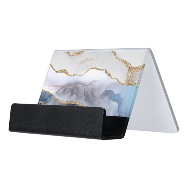 grey blue agate desk business card holder (Angled Front)