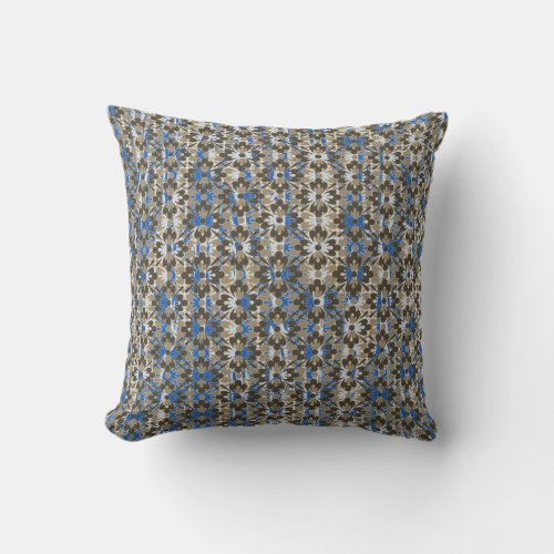Grey Blue and Black Patterned Flowers Throw Pillow