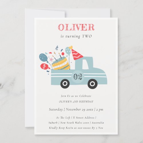 Grey Blue Any Age Birthday Party Cake Truck Invite