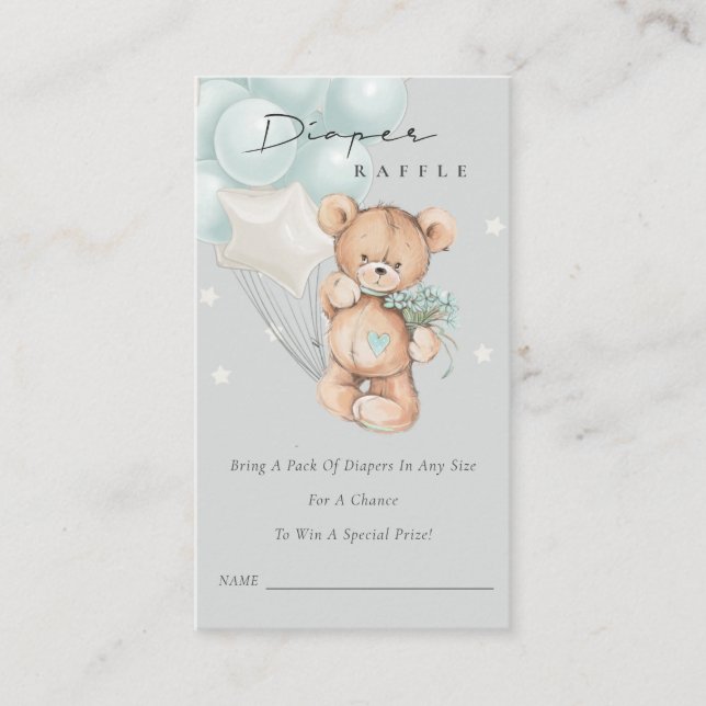 Grey Blue Bear Balloon Diaper Raffle Baby Shower Enclosure Card (Front)
