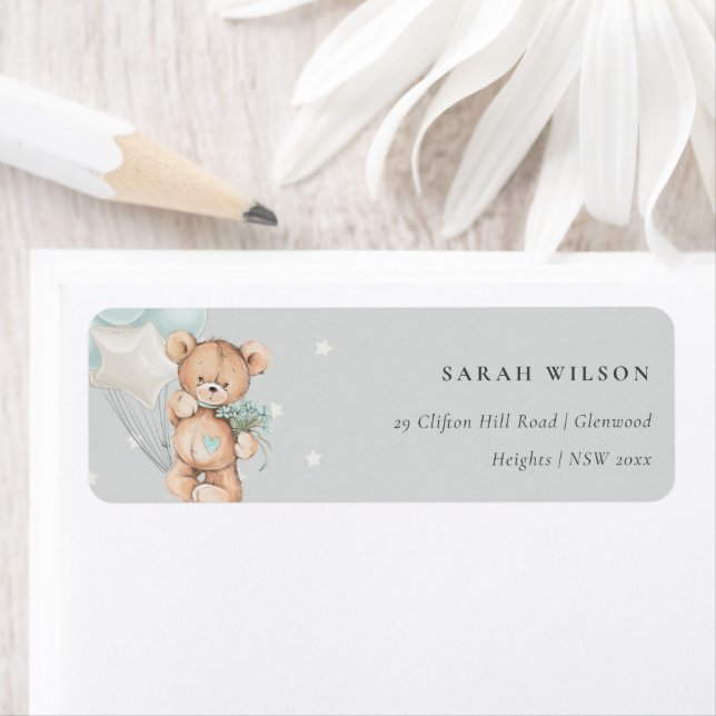 Grey Blue Bear Balloon Floral Bunch Heart Address Label (Insitu)