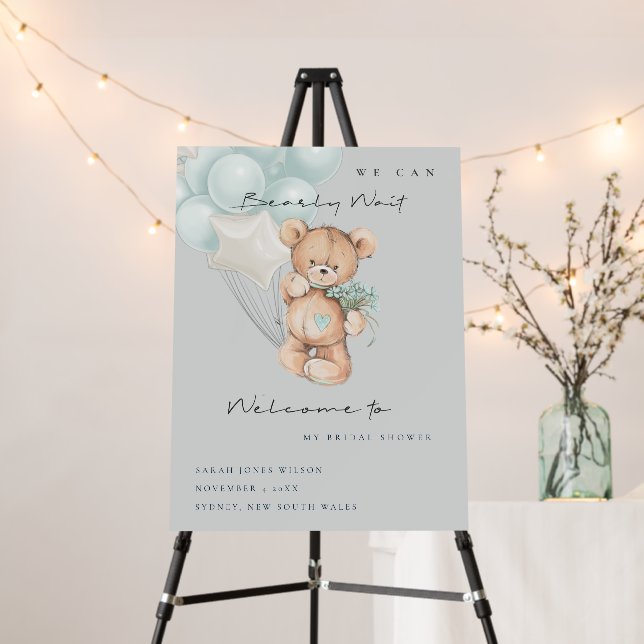 Grey Blue Bearly Wait  Balloon Baby Shower Welcome Foam Board (In Situ (Stand))