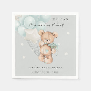 Grey Blue Bearly Wait Bear Balloon Baby Shower Napkins