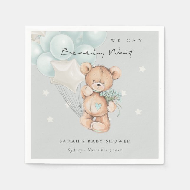 Grey Blue Bearly Wait Bear Balloon Baby Shower Napkins (Front)