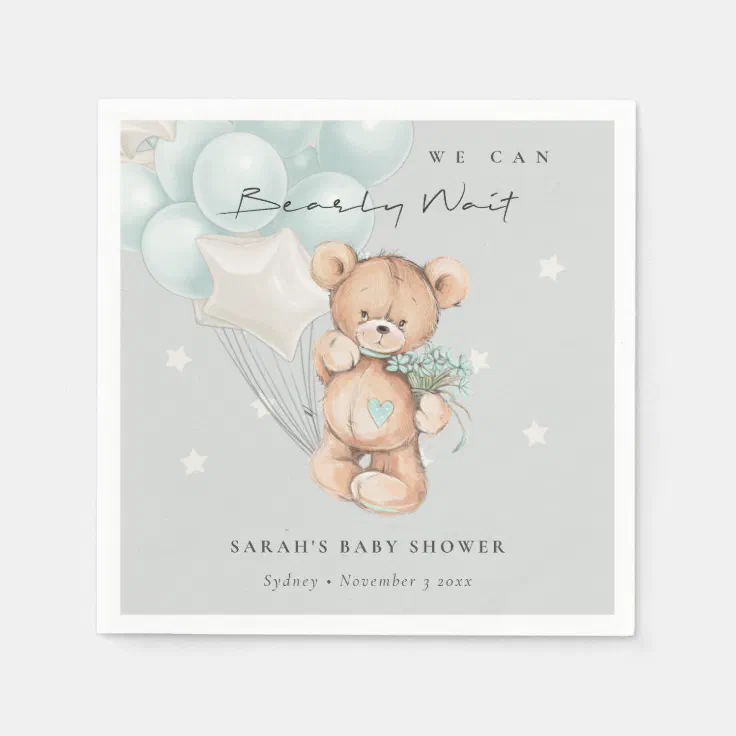 Grey Blue Bearly Wait Bear Balloon Baby Shower Napkins | Zazzle