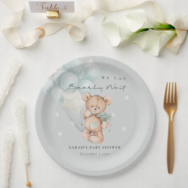 Grey Blue Bearly Wait Bear Balloon Baby Shower Paper Plates (Wedding)