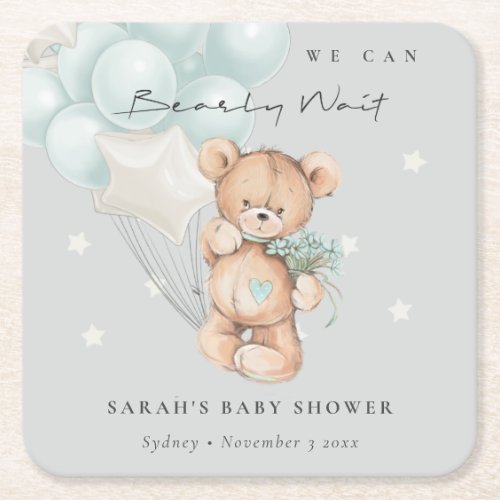 Grey Blue Bearly Wait Bear Balloon Baby Shower Square Paper Coaster