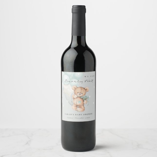 Grey Blue Bearly Wait Bear Balloon Baby Shower Wine Label (Front)