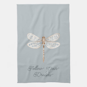 Grey Blue Bronze White Dragonfly Kitchen Towel