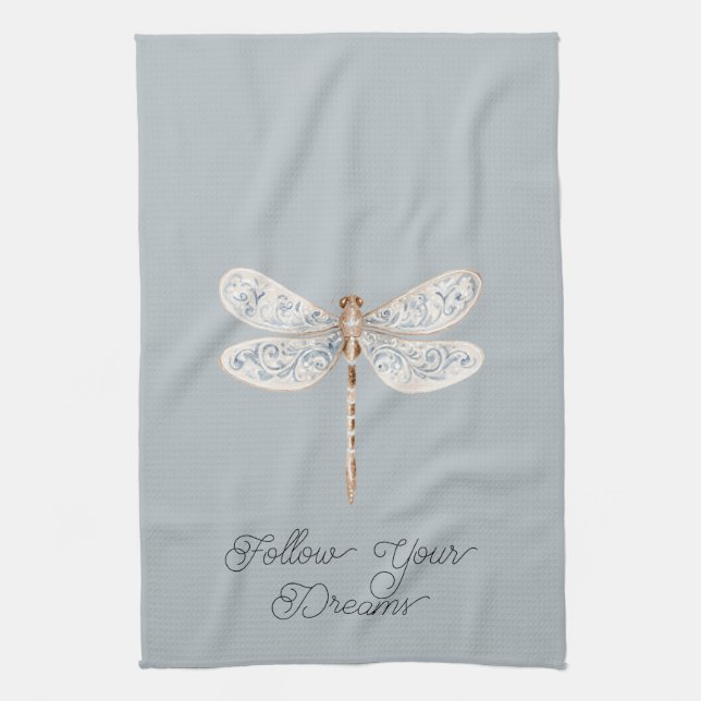 Grey Blue Bronze White Dragonfly Kitchen Towel (Vertical)