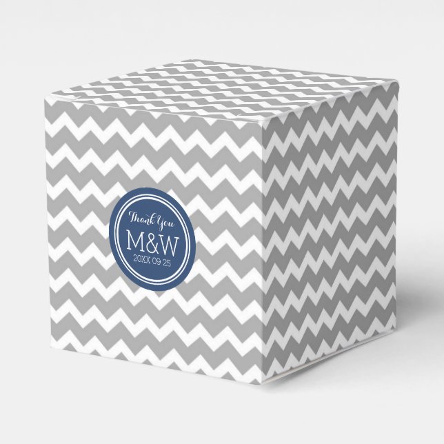 Grey Blue Chevron Wedding Monogram Favor Box (Front Side)