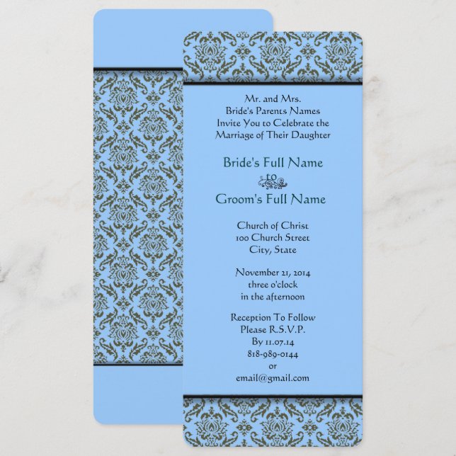 Grey Blue Damask Wedding Invitation (Front/Back)