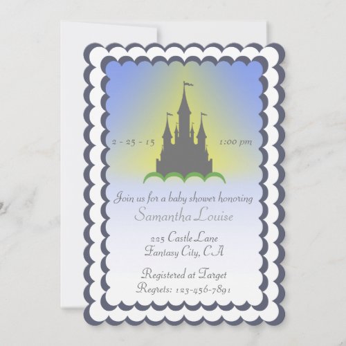 Grey Blue Dreamy Castle In The Clouds Baby Shower Invitation