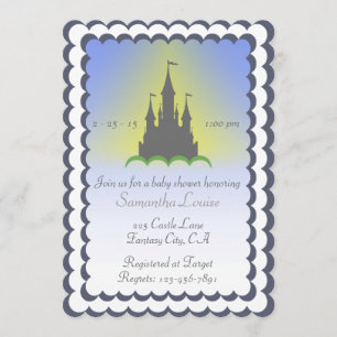 Grey Blue Dreamy Castle In The Clouds Baby Shower Invitation