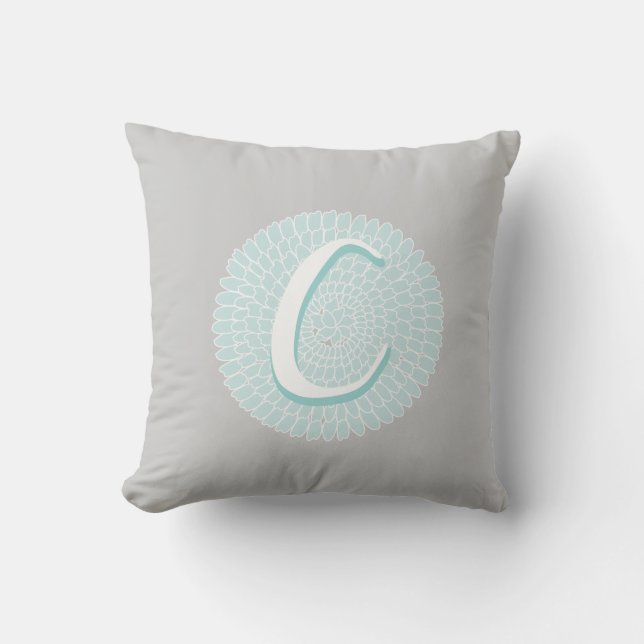 Grey Blue Floral Letter C Throw Pillow (Front)
