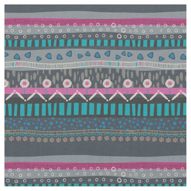 Grey Blue Floral Tribal Print Fabric (Close Up)