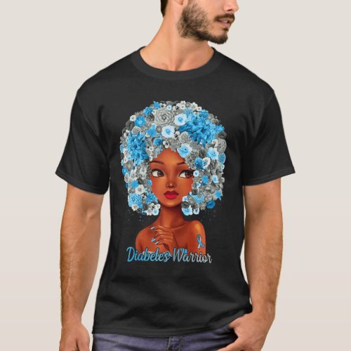 Grey Blue Flowers Afro Hair Black Woman Diabetes W T_Shirt