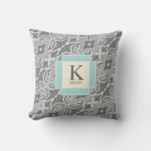 Grey Blue Geometric Monogram Throw Pillow