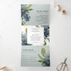 GREY BLUE GREEN GOLD FLORAL WATERCOLOR WEDDING Tri-Fold INVITATION
