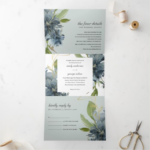 GREY BLUE GREEN GOLD FLORAL WATERCOLOR WEDDING Tri_Fold INVITATION