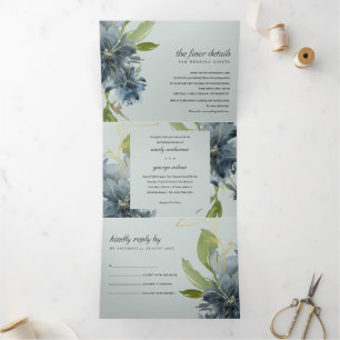 GREY BLUE GREEN GOLD FLORAL WATERCOLOR WEDDING Tri-Fold INVITATION