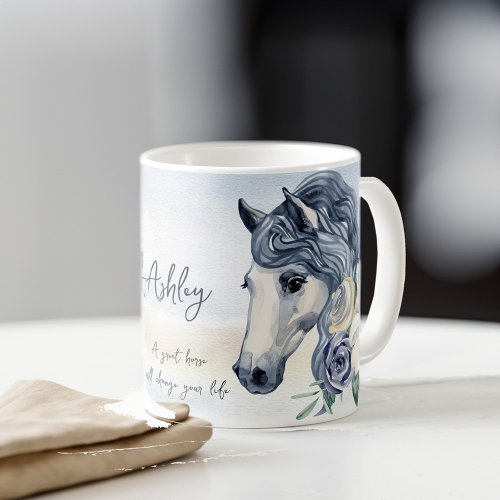 Grey blue horse with flowers personalized name coffee mug