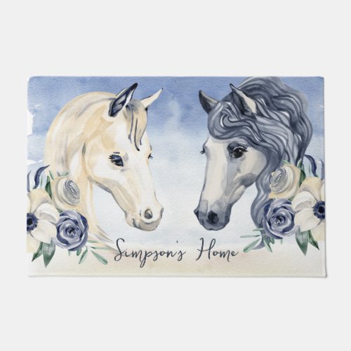 Grey blue horse with flowers personalized name doormat