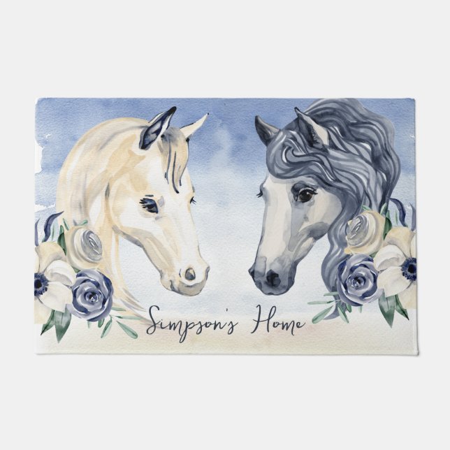 Grey blue horse with flowers personalized name doormat (Front)