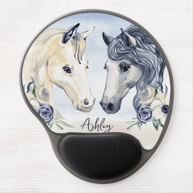 Grey blue horse with flowers personalized name gel mouse pad (Front)
