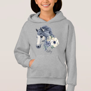 Grey blue horse with flowers personalized name hoodie
