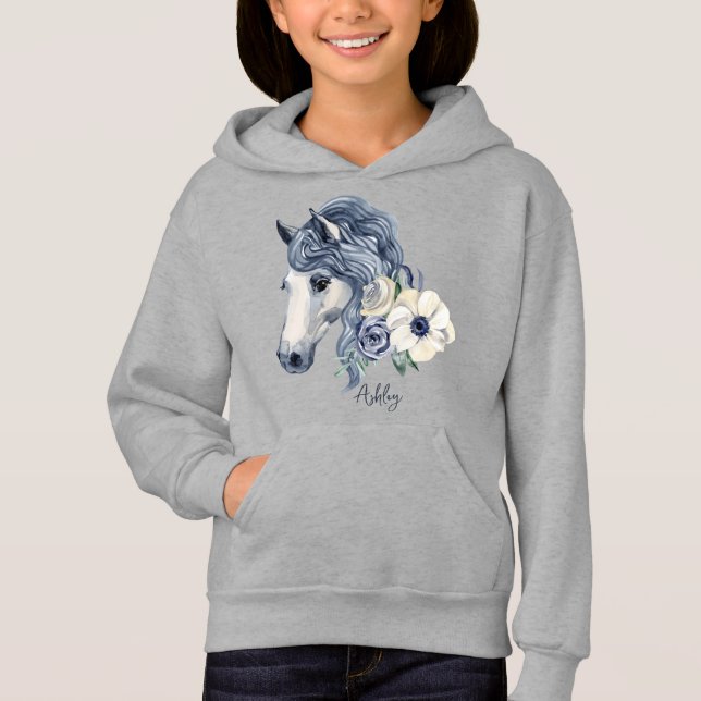 Grey blue horse with flowers personalized name hoodie (Front)