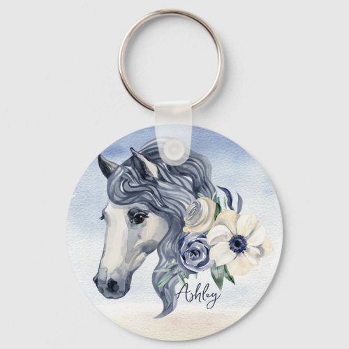 Grey blue horse with flowers personalized name  keychain
