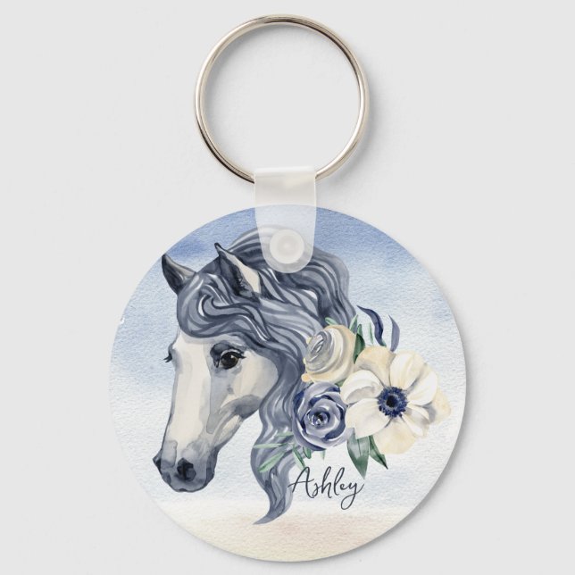 Grey blue horse with flowers personalized name  keychain (Front)