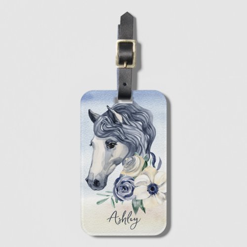 Grey blue horse with flowers personalized name luggage tag