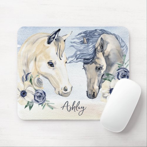 Grey blue horse with flowers personalized name mouse pad