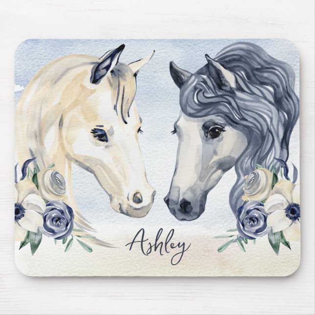 Grey blue horse with flowers personalized name mouse pad (Front)