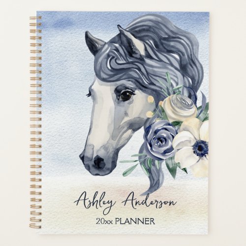 Grey blue horse with flowers personalized name planner