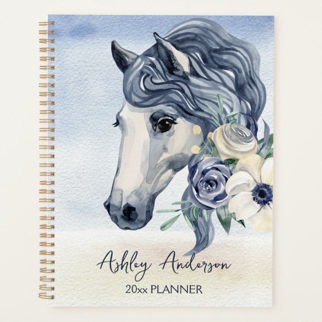Grey blue horse with flowers personalized name planner (Front)