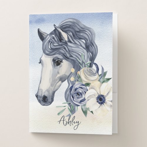 Grey blue horse with flowers personalized name pocket folder