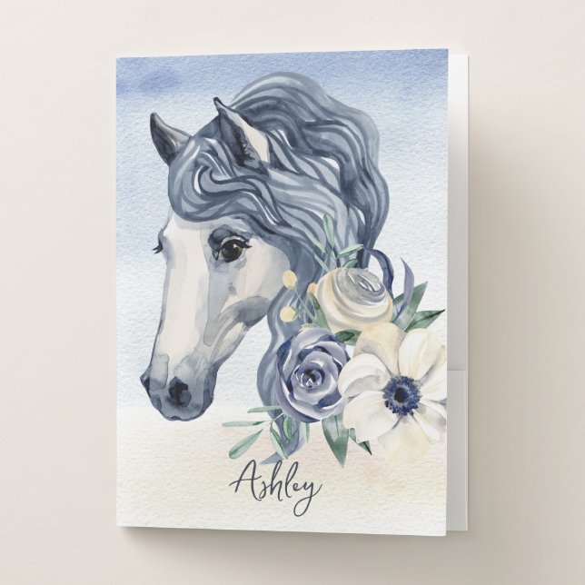 Grey blue horse with flowers personalized name pocket folder (Front)