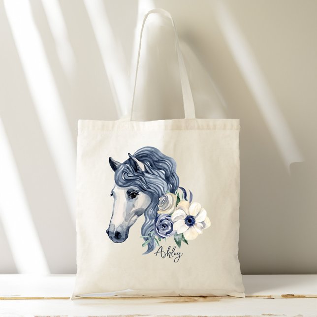 Grey blue horse with flowers personalized name tote bag (Grey blue horse with flowers personalized name tote bag)
