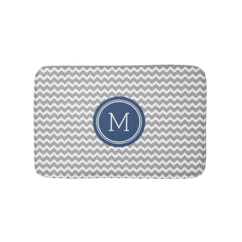 Grey Blue Monogram Chevron Stripes Bathmat