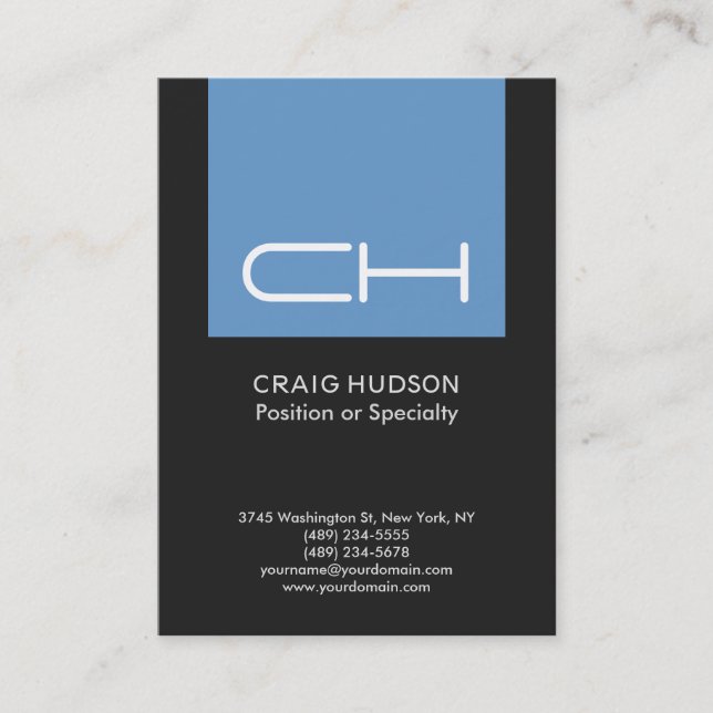 Grey Blue Monogram Professional Business Card (Front)